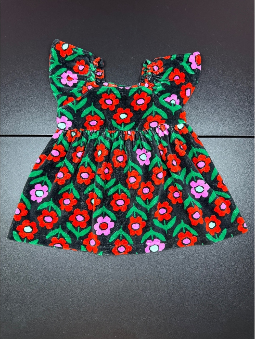 Hanna Andersson Baby Floral Velour Dress 70 6-12M Black Red Pink Flutter Sleeve